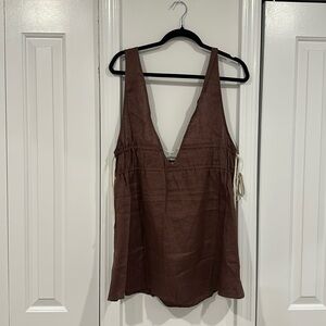 VRG GRL Linen Sleeveless Adjustable V-Line Mini Dress in Chocolate Brown